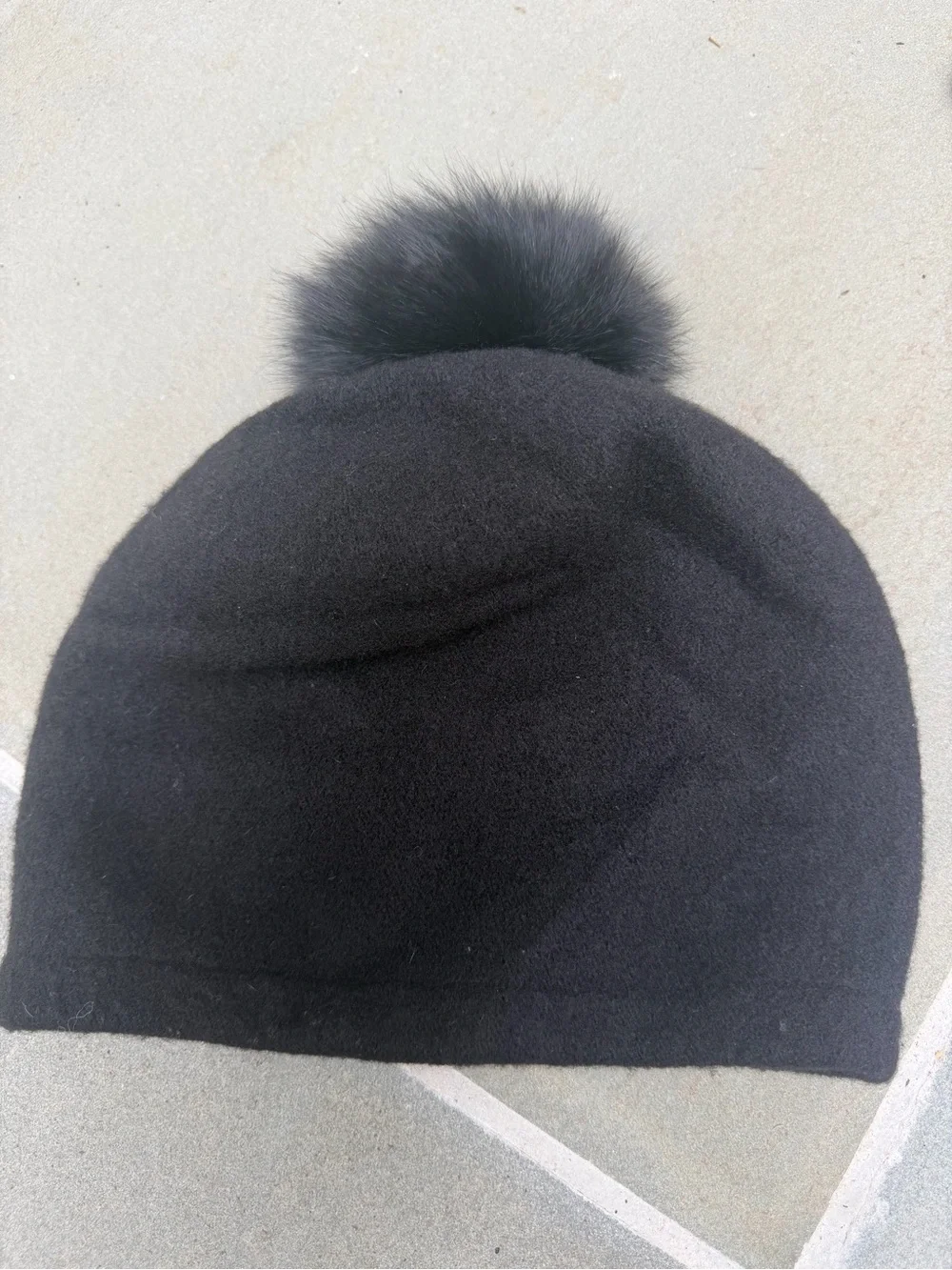 Helene Berman Black Wool Beanie Hat Real Fox Fur Pom Pom Pleated Detail